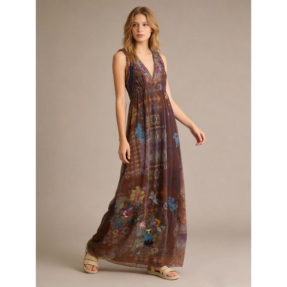 $580 NWOT Johnny Was Mesh Embroidered Floral Ruffles V-Neck Maxi Dress Size S